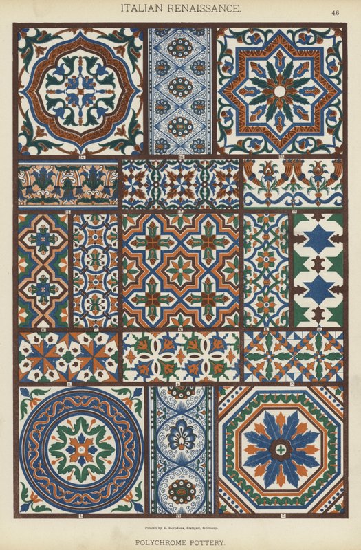 Italiensk renæssance, polykrom keramik (farve litho) af German School