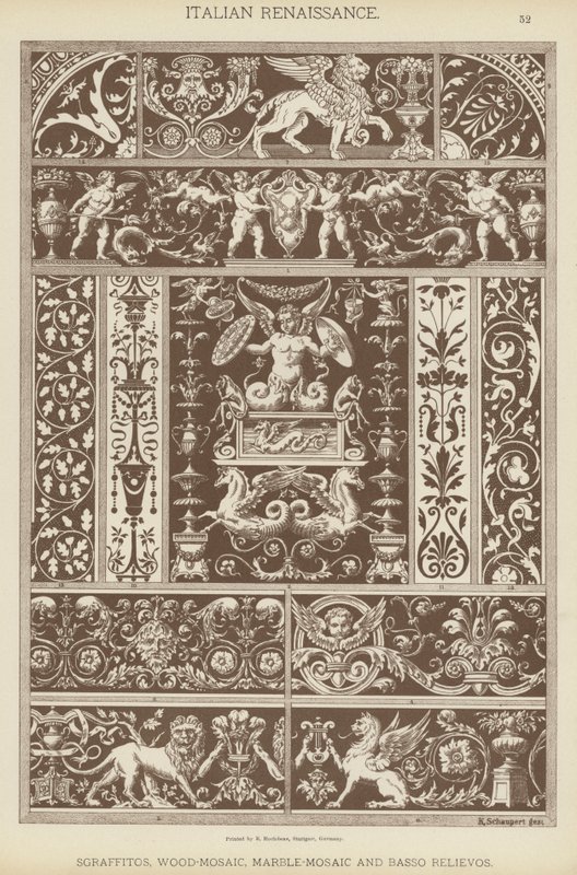 Italiensk renæssance, sgraffitos, træ-mosaik, marmor-mosaik og Basso Relievos (farve litho) af German School