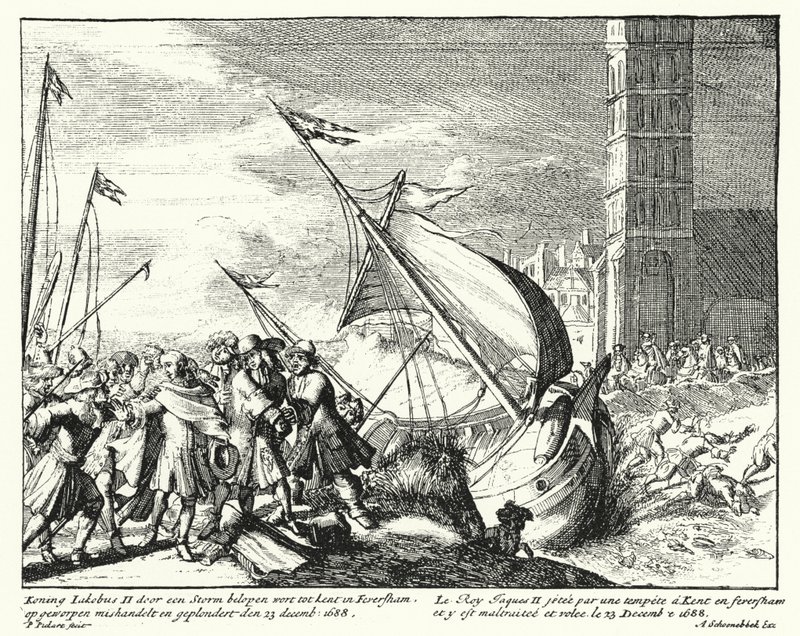 James II af England taget til fange af fiskere i Faversham, Kent, mens han forsøgte at flygte til Frankrig af German School