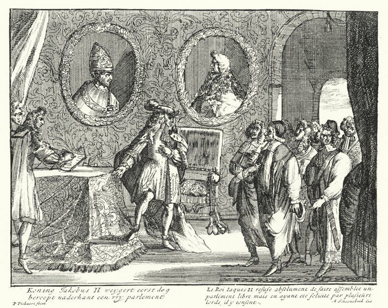 James II af England nægter at tillade parlamentet at sidde (gravering) af German School