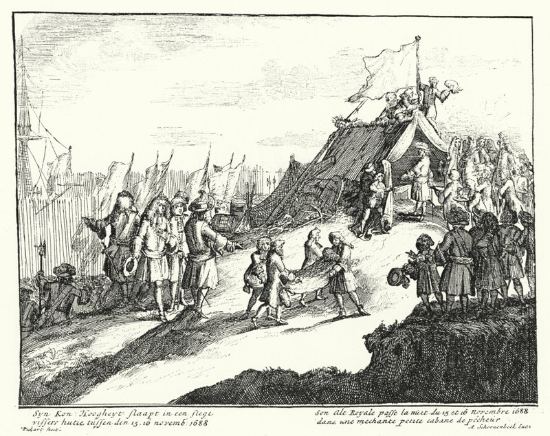 James II af England overnatter den 15./16. november 1688 i en fattig fiskerhytte (gravering) af German School