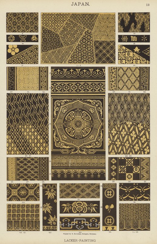 Japan, Lacker-maleri (farve litho) af German School