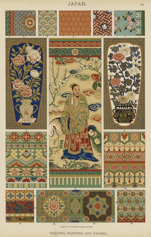 Japan, vævning, maling og emalje (farve litho) af German School