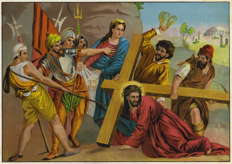 Jesus falder under vægten af sit kors på vej til sin korsfæstelse (farvelitografi) af German School