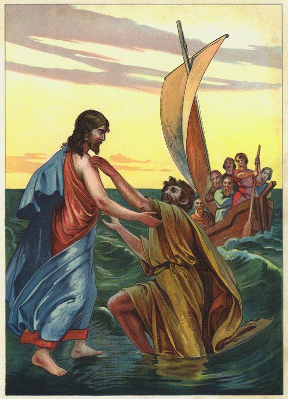 Jesus går på vandet (farvelitografi) af German School