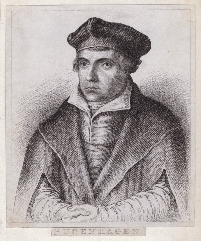 Johannes Bugenhagen (Doktor Pomeranus), tysk præst og teolog, der introducerer den protestantiske reformation til Pommern og Danmark (stik) af German School