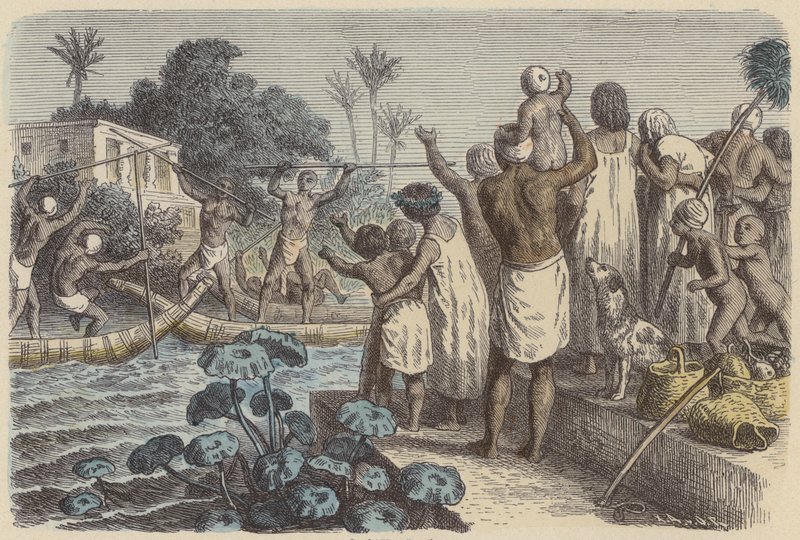 Dyst på både i det gamle Egypten (farvet indgravering) af German School