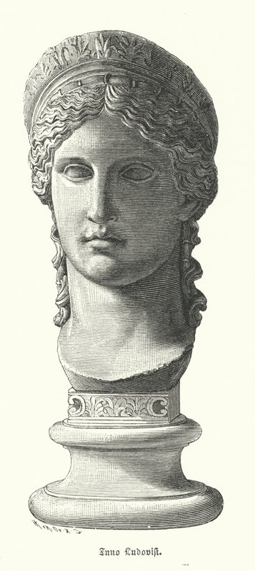 Juno Ludovisi, gammelt romersk kolossalt marmorhoved, der forestiller Antonina Minor, datter af Mark Antony og Octavia Minor, som gudinden Juno (gravering) af German School