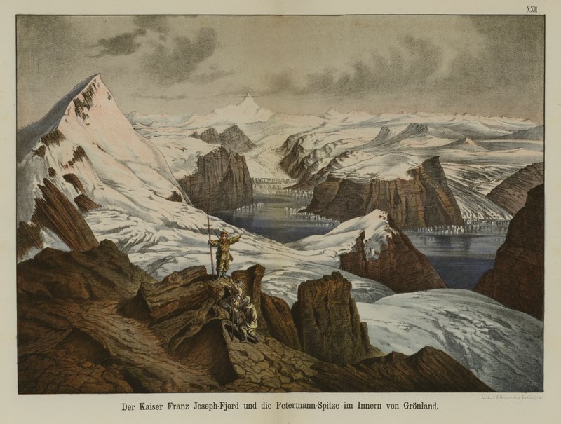Kaiser Franz Joseph Fjord og Petermann Peak, Grønland (farve litho) af German School