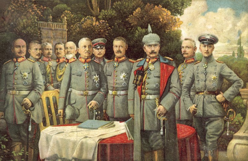 Kaiser Wilhelm II af Tyskland og hans generaler (farve litho) af German School