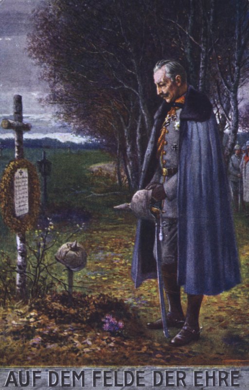 Kejser Wilhelm II viser sin respekt ved en tysk soldats grav (farvelitografi) af German School
