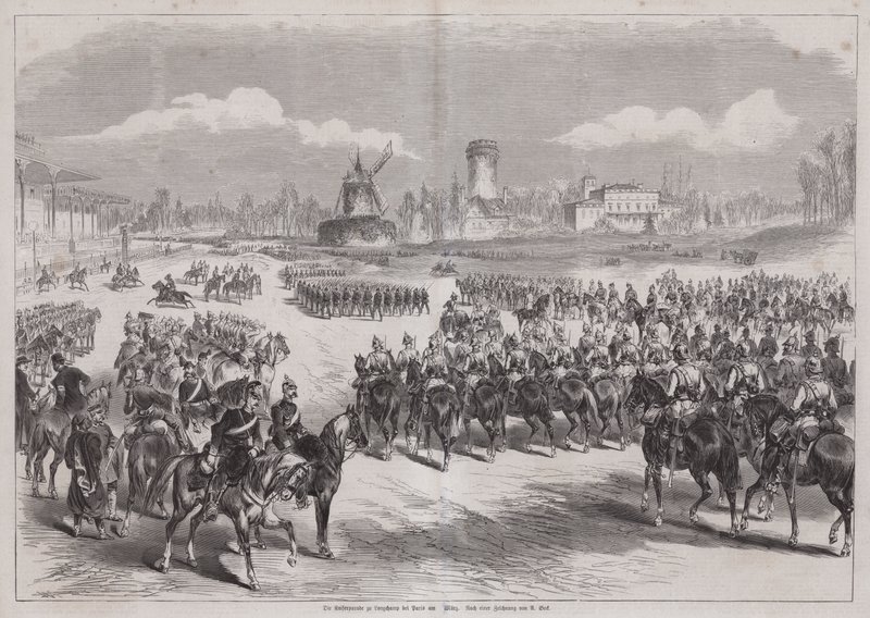 Kaiser Wilhelm I af Tyskland ser sin hærparade i Longchamp, Paris, Frankrig, marts 1871 (gravering) af German School