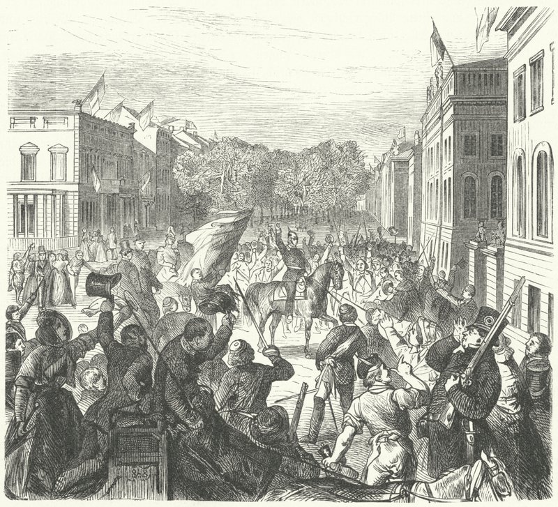 Kong Frederik Vilhelm IV af Preussen rider forbi Berlin Universitet på vej for at deltage i en massebegravelse af civile dræbt i optøjer, 21. marts 1848 (gravering) af German School