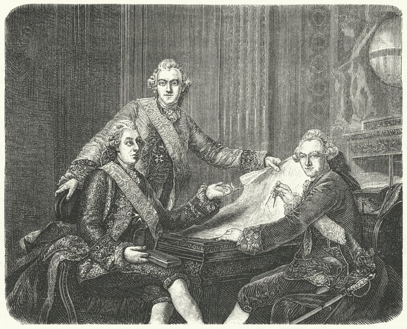 Kong Gustav III af Sverige i samråd med sine brødre Karl og Frederik Adolf (stik) af German School