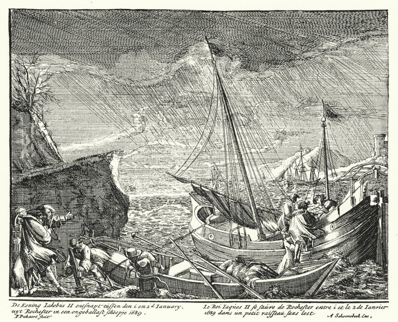 King James II flygter fra England og forlader Rochester i en lille båd af German School