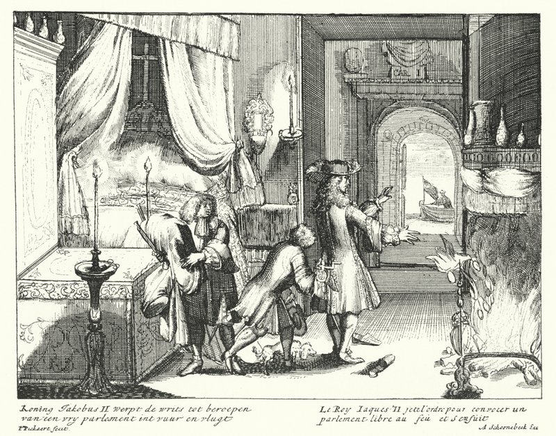 Kong James II af England brænder ordren om at indkalde parlamentet og flygter af German School