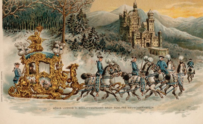 Kong Ludwig II af Bayern på vej til Neuschwanstein Slot i en gylden kane (chromolitho) af German School
