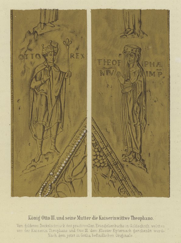 Kong Otto III og hans mor Theophania, kejserindekonsort af Otto II, hellig romersk kejser (farve litho) af German School