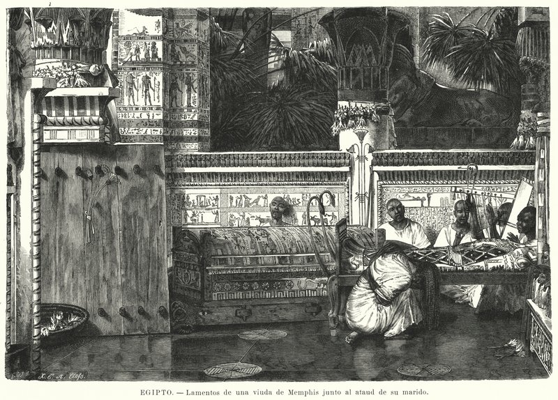 En enkes klagesang ved siden af sin mands kiste i Memphis, det gamle Egypten (litho) af German School