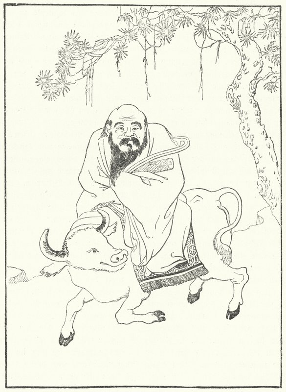 Laozi, gammel kinesisk filosof, på en vandbøffel (gravering) af German School
