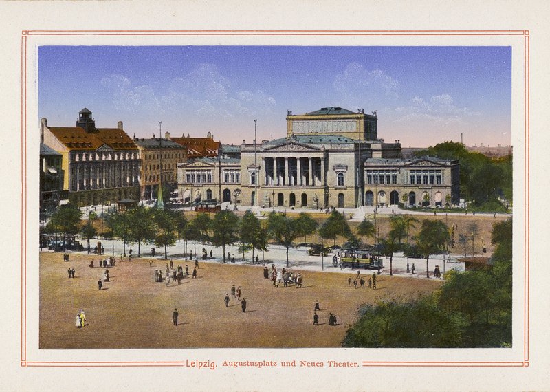 Leipzig, Augustusplatz og Neues Theater (farvelitografi) af German School
