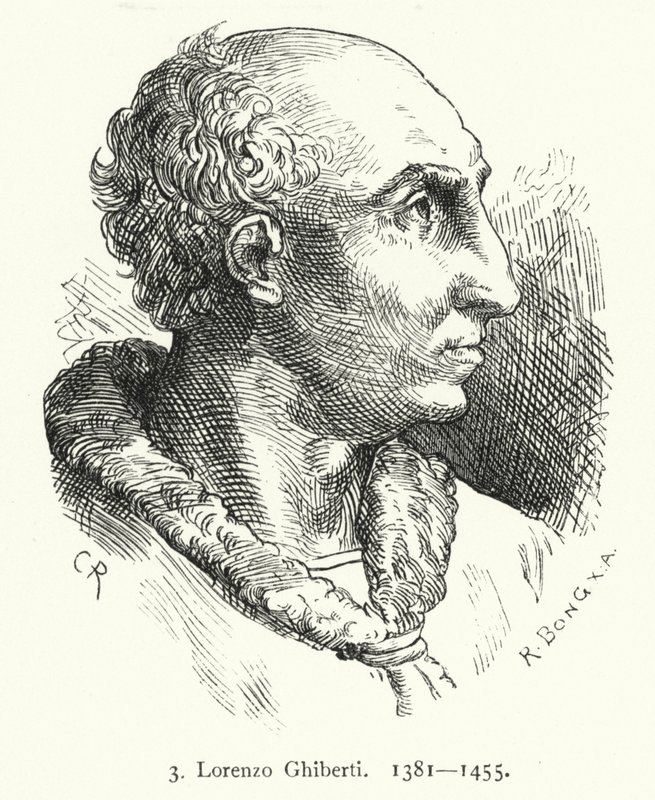Lorenzo Ghiberti, florentinsk kunstner fra tidlig renæssance, der designede bronzedørene til dåbskapellet i Firenze (gravering) af German School