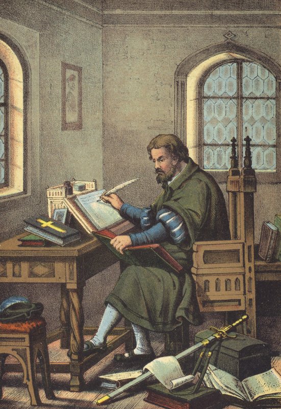 Luther forklædt som Junker Jorg i Wartburg-oversættelse af Det Nye Testamente (chromolitho) af German School
