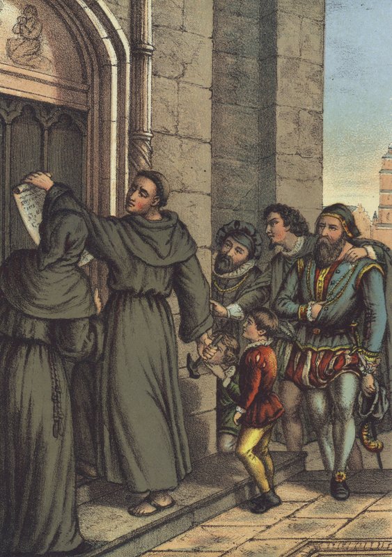 Luther sømmer sine 95 teser til døren til All Saints Church, Wittenberg (chromolitho) af German School