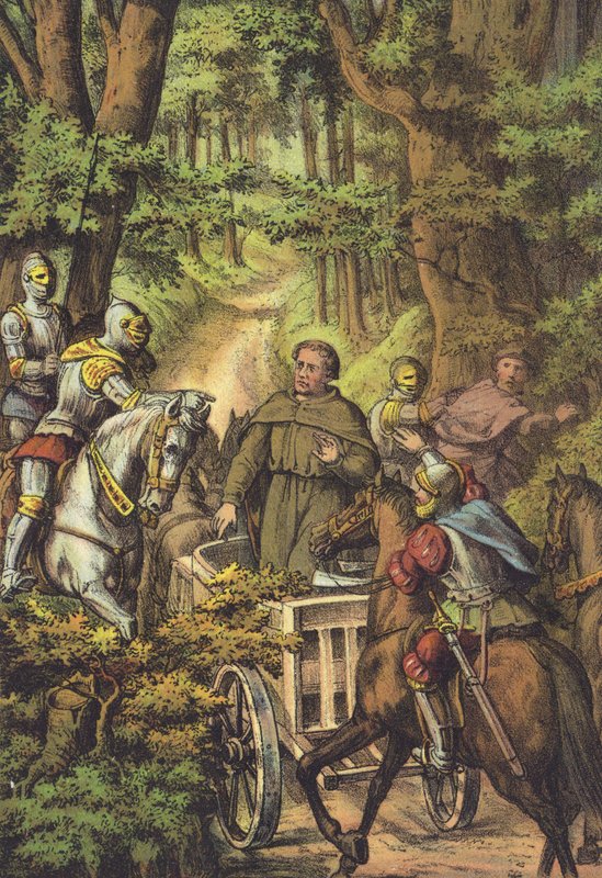 Luthers bortførelse til Wartburg (chromolitho) af German School