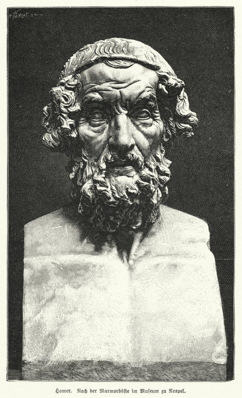 Marmorbuste af Homer, oldgræsk digter (litho) af German School
