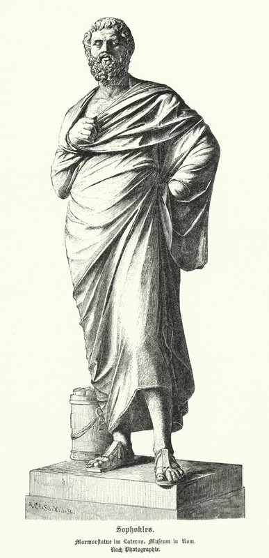 Marmorstatue af Sofokles, oldgræsk dramatiker (litho) af German School