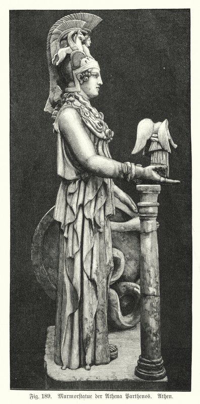 Marmorstatue af den antikke græske gudinde Athena, fra Parthenon, Athen (gravering) af German School