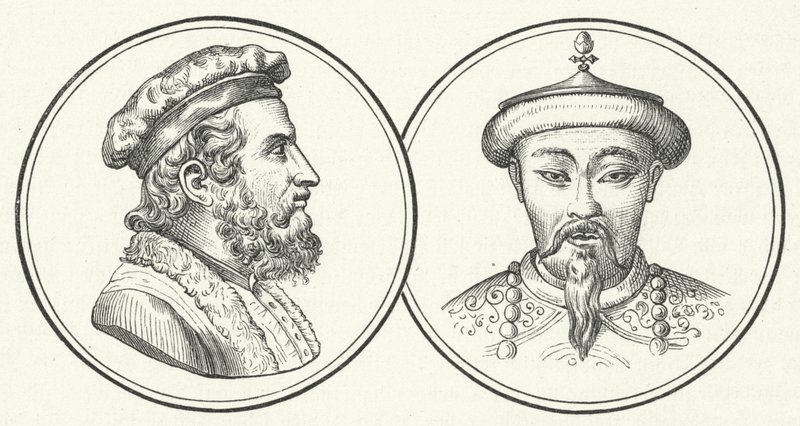 Marco Polo og Kublai Khan (gravering) af German School