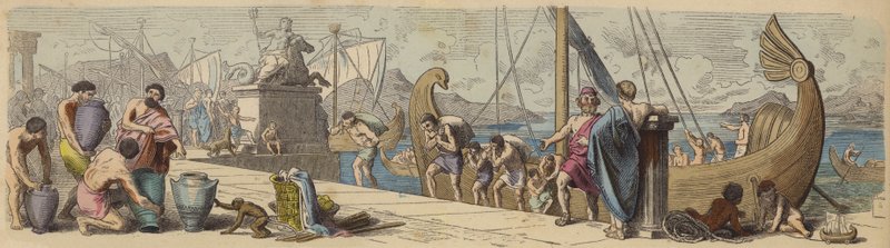 Maritim handel i det antikke Grækenland (farvet gravering) af German School