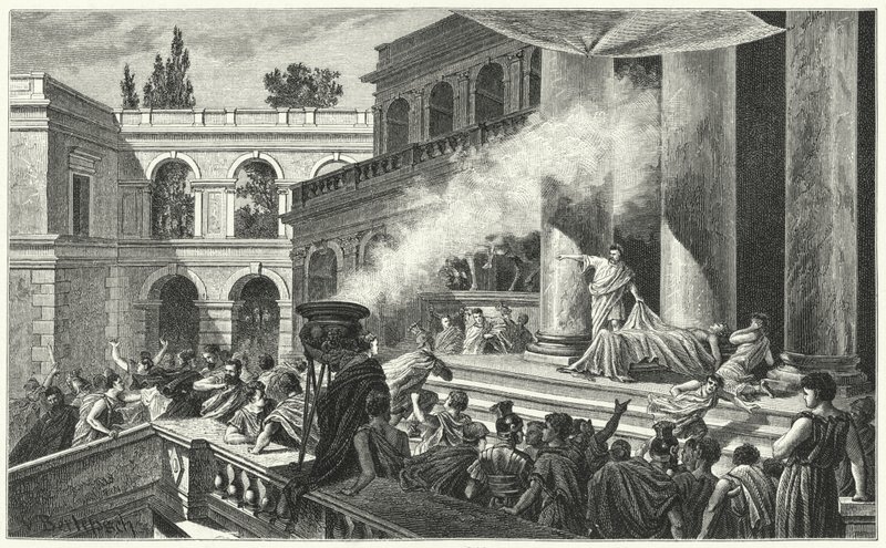 Mark Antony udløser et oprør med sin tale ved Julius Cæsars begravelse, 44 f.Kr. (gravering) af German School