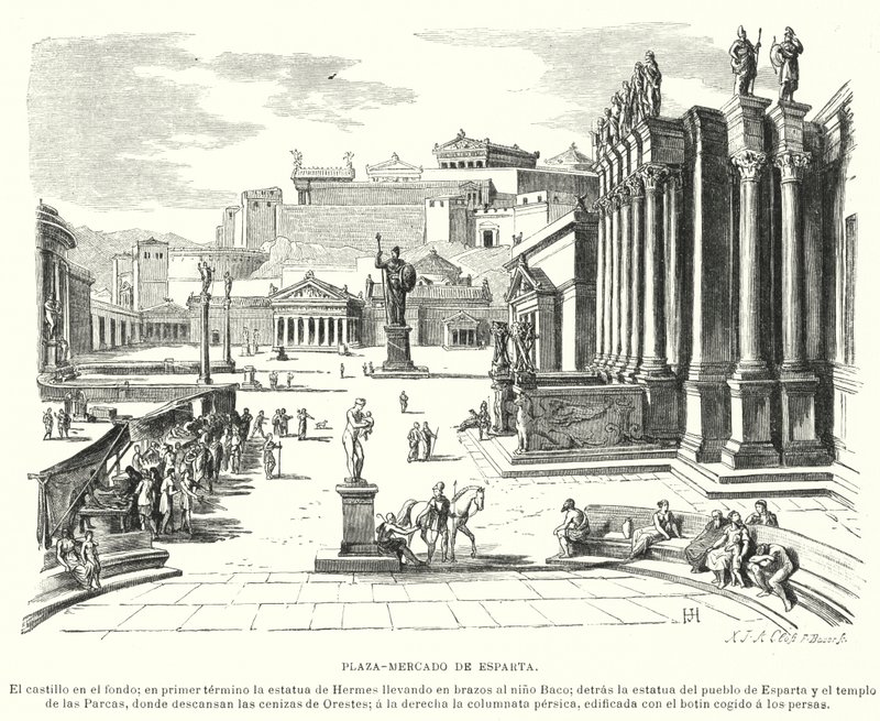Markedsplads i Sparta, det antikke Grækenland (litho) af German School