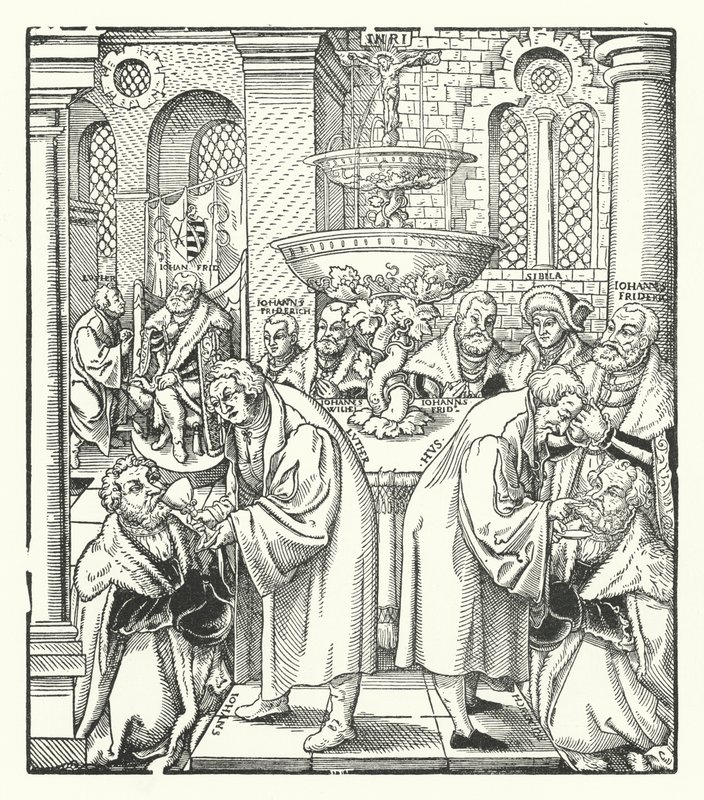 Martin Luther og Jan Hus administrerer den hellige nadver til den saksiske kongefamilie (stik) af German School