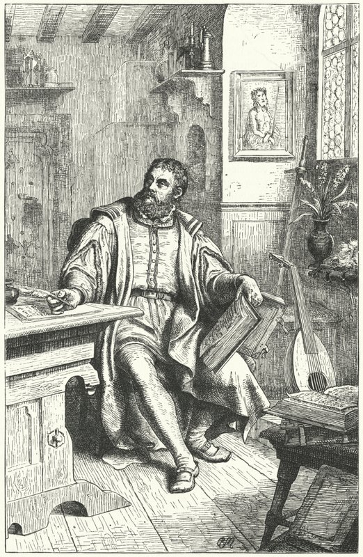 Martin Luther oversætter Bibelen til tysk (gravering) af German School