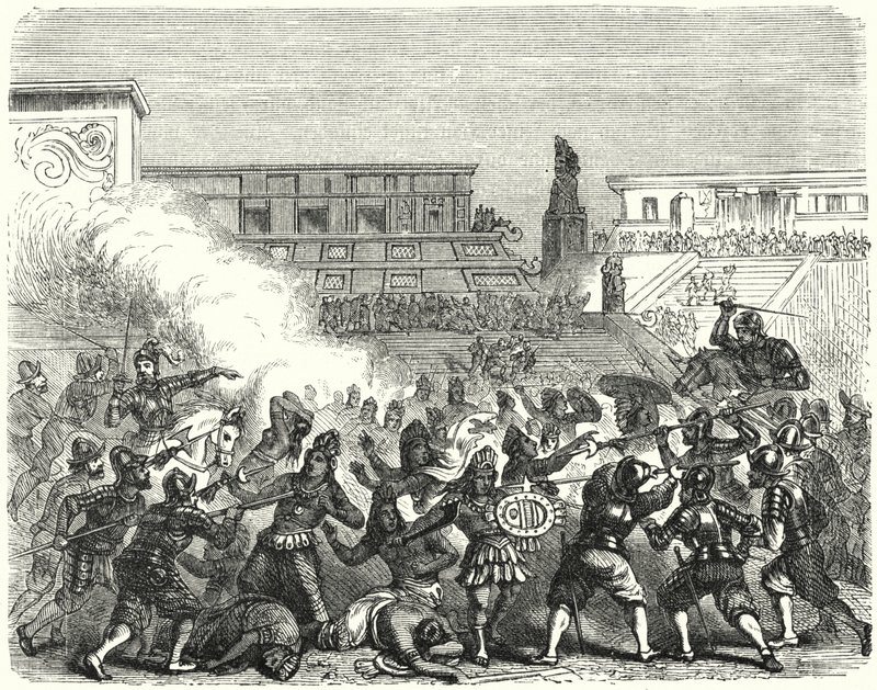 Massakre på aztekiske krigere og adelige ved Cholula af de spanske conquistadorer af Hernan Cortes af German School