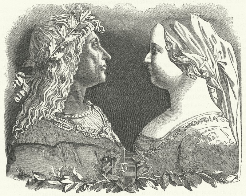 Matthias Corvinus, konge af Ungarn, og hans dronning, Beatrice af Napoli (gravering) af German School