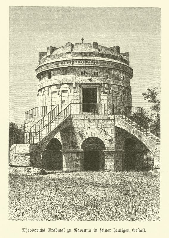 Theoderik den Stores mausoleum, østgoternes konge, Ravenna, Italien (gravering) af German School
