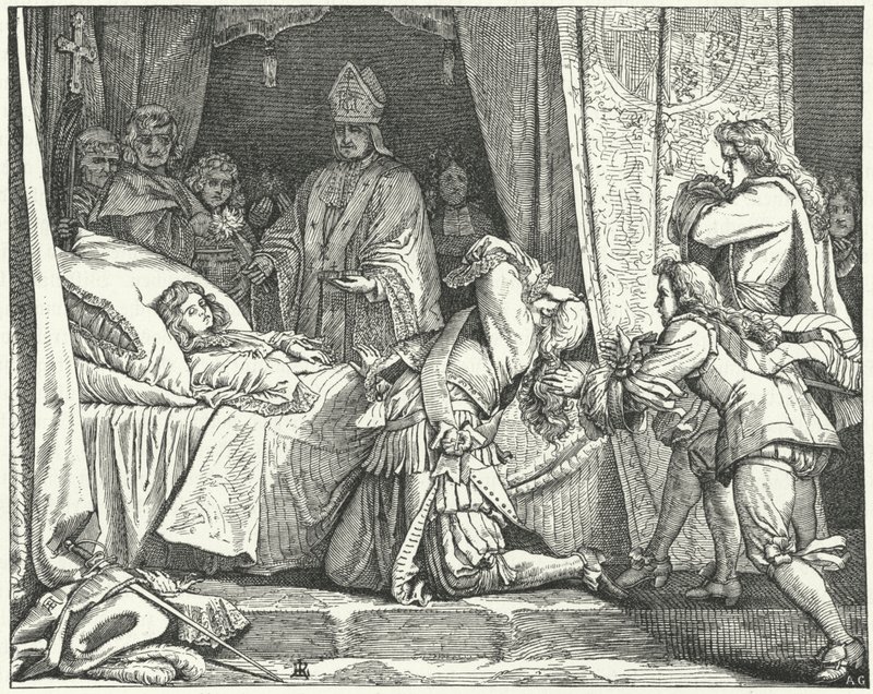 Maximilian II Emmanuel, kurfyrst af Bayern, ved sin søn Joseph Ferdinands dødsleje af German School