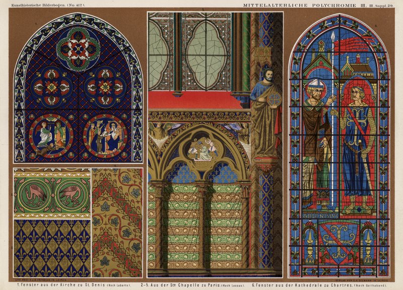 Middelalderlige franske farvede glasvinduer: Church of St Denis, Paris; Sainte Chapelle, Paris; Chartres katedral (farve litho) af German School
