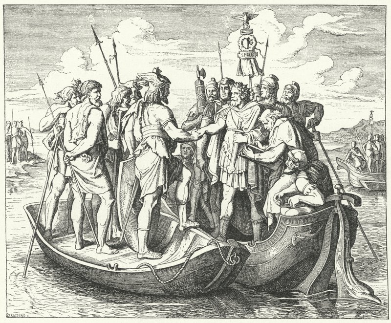 Møde mellem den romerske kejser Valens og den vestgotiske kong Athanaric ved Donau, 369 (gravering) af German School