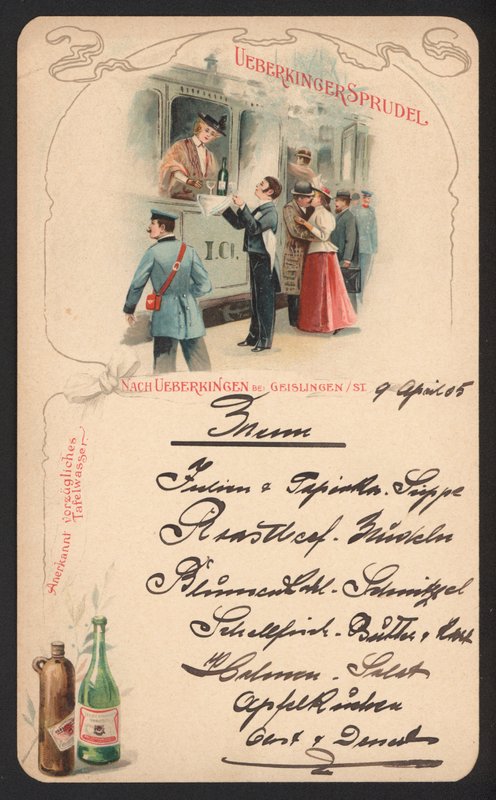 Menukort reklame Ueberkinger mousserende mineralvand (farve litho) af German School