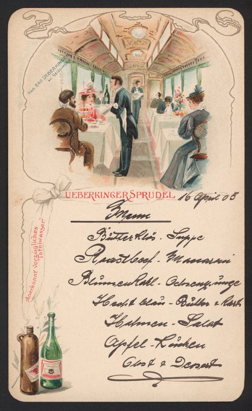 Menukort reklame Ueberkinger mousserende mineralvand (farve litho) af German School