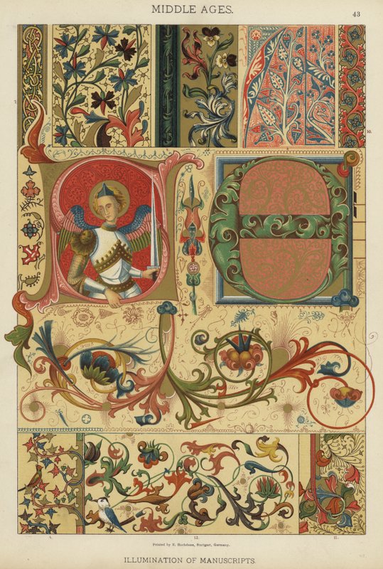 Middelalder, belysning af manuskripter (farve litho) af German School