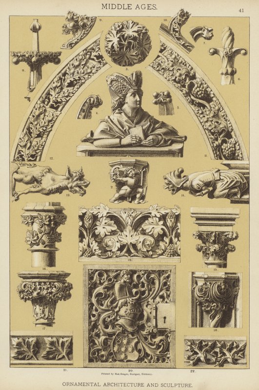 Middelalder, ornamental arkitektur og skulptur (farve litho) af German School