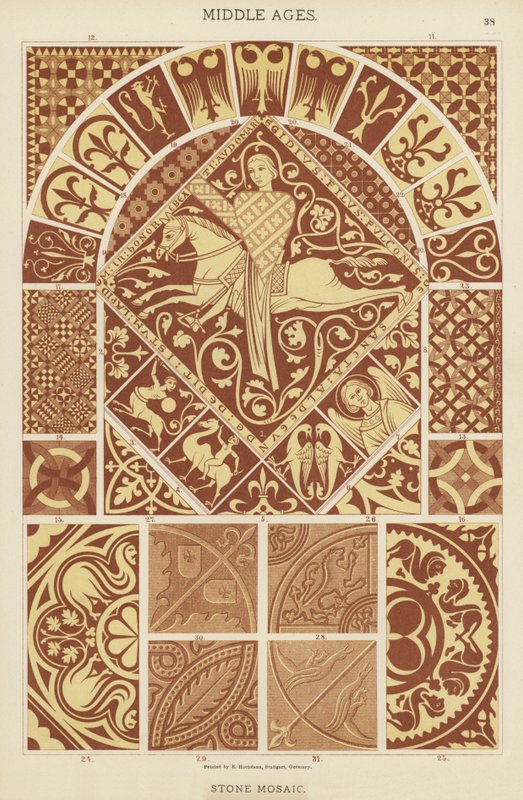 Middelalder, stenmosaik (farve litho) af German School