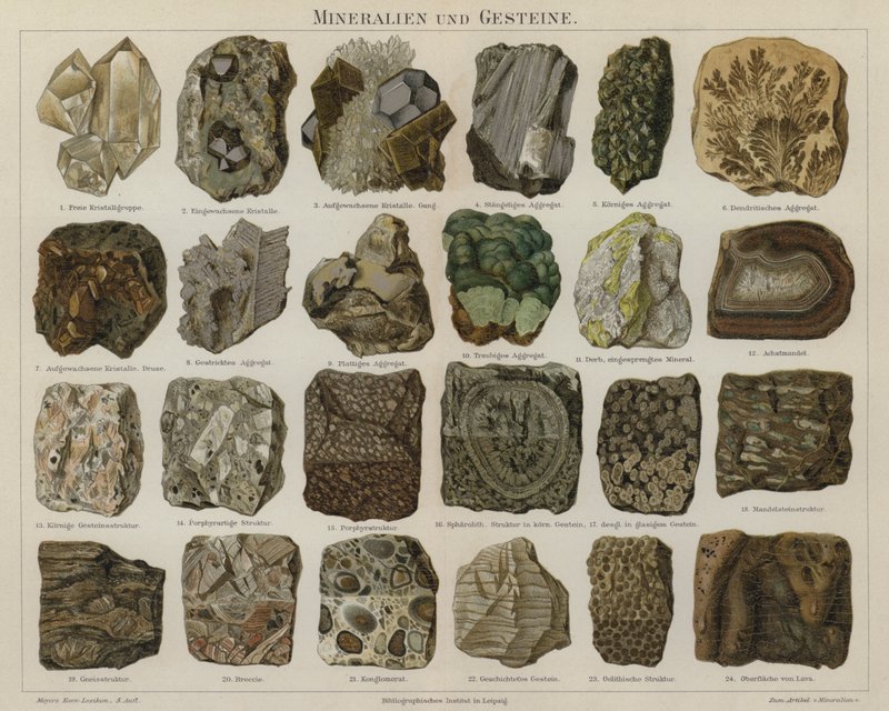 Mineraler og sten (farve litho) af German School